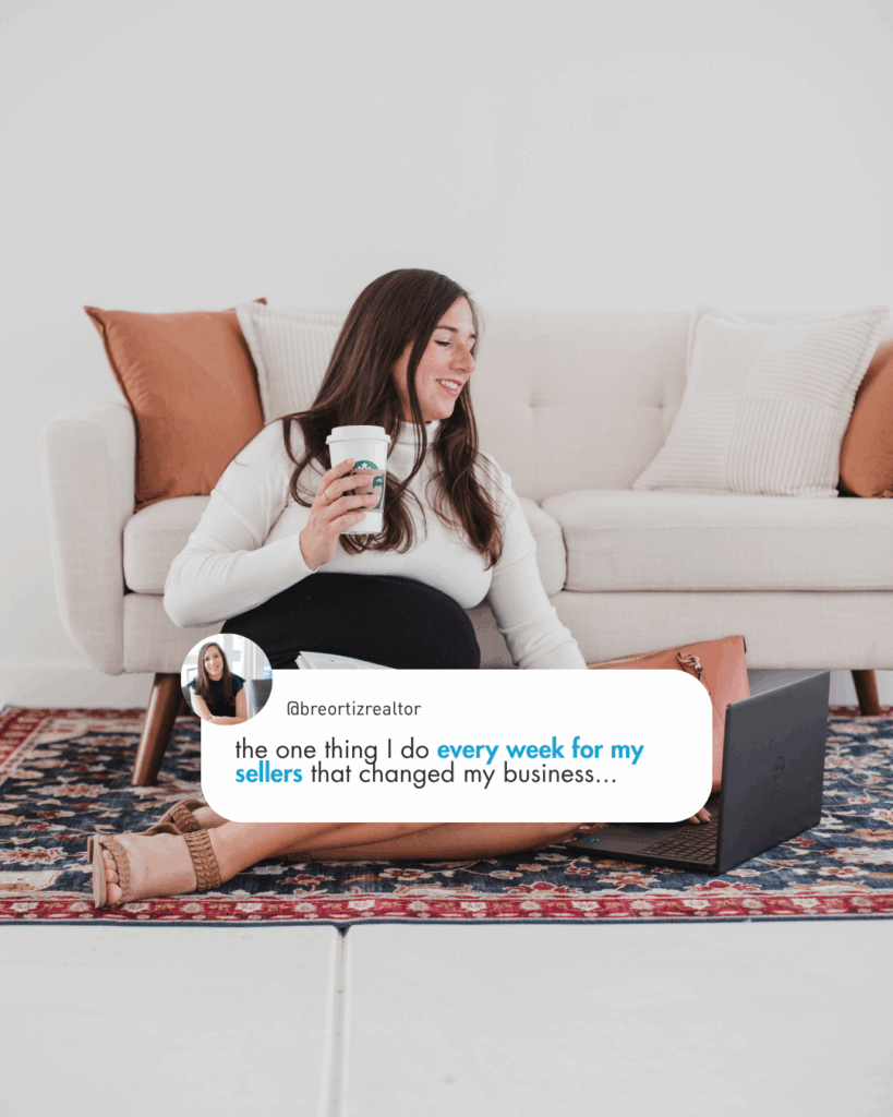 Real estate agent sitting on floor with coffee and laptop, introducing weekly seller check-ins.