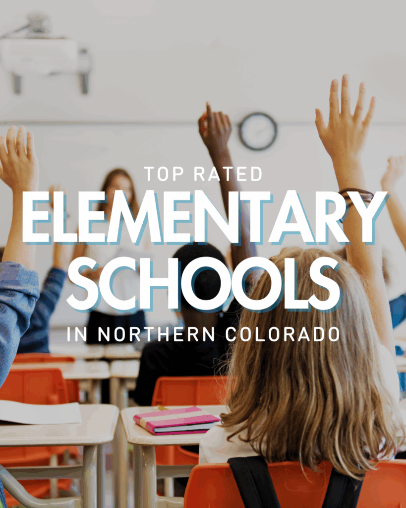 "Elementary school classroom with young students raising their hands, viewed from behind. Text overlay reads: 'Top Rated Elementary Schools in Northern Colorado.